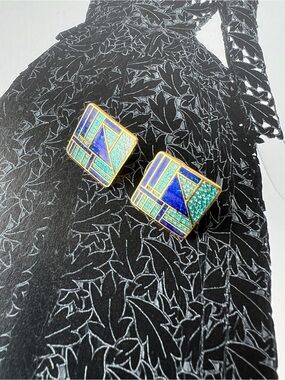Roccoco Geometric Blue & Teal Enamel Square Earrings